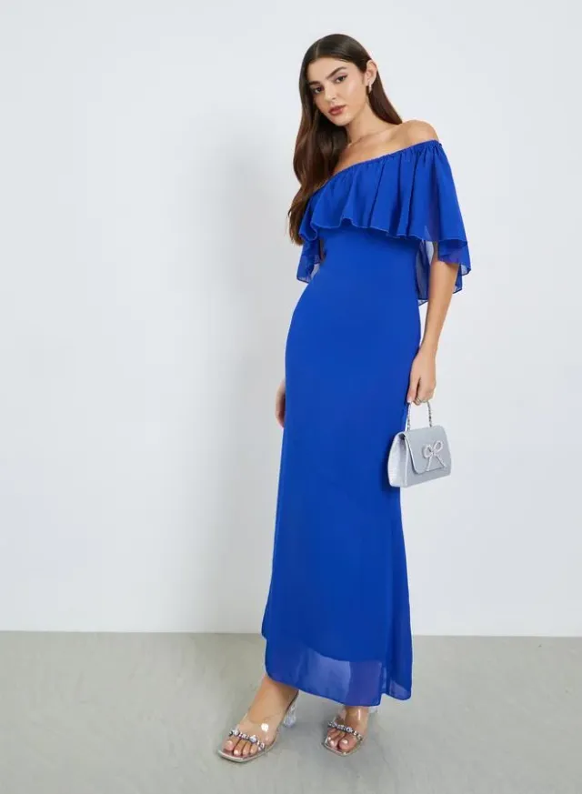 Off-Shoulder Sheath Maxi Dress Blue – image 5