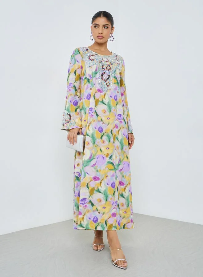 Floral Beaded Mukhawar Jalabiya Beige