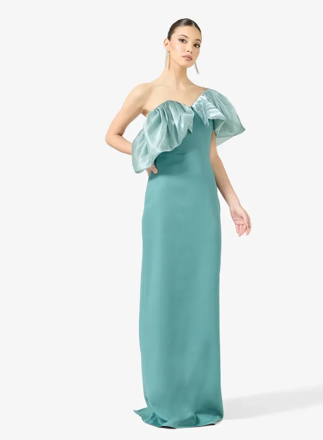Teal One-Shoulder Ruffle Maxi Evening Gown – image 5