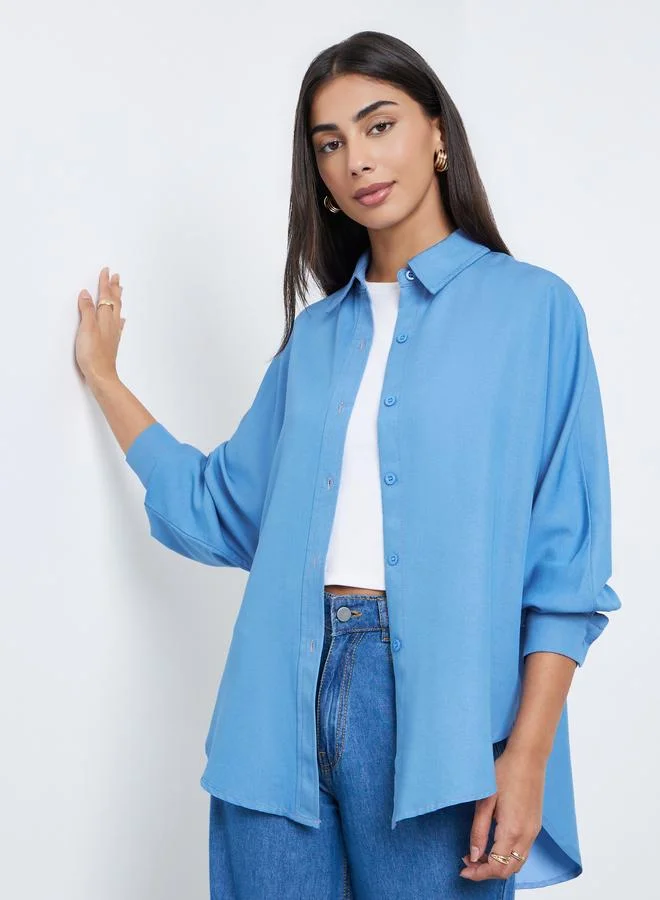 Styli Oversized Button Placket Shirt Blue