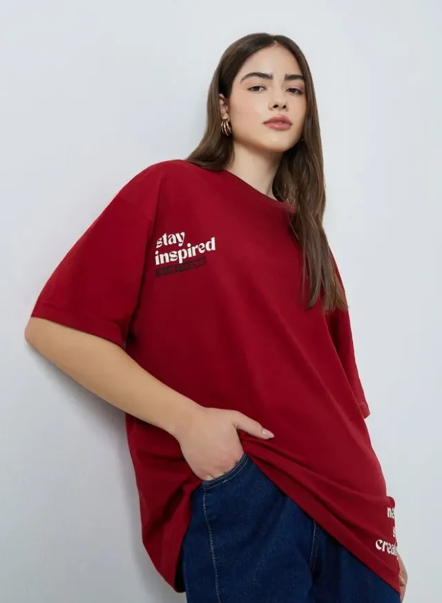 Slogan Oversized Dropped Shoulder T-Shirt Red