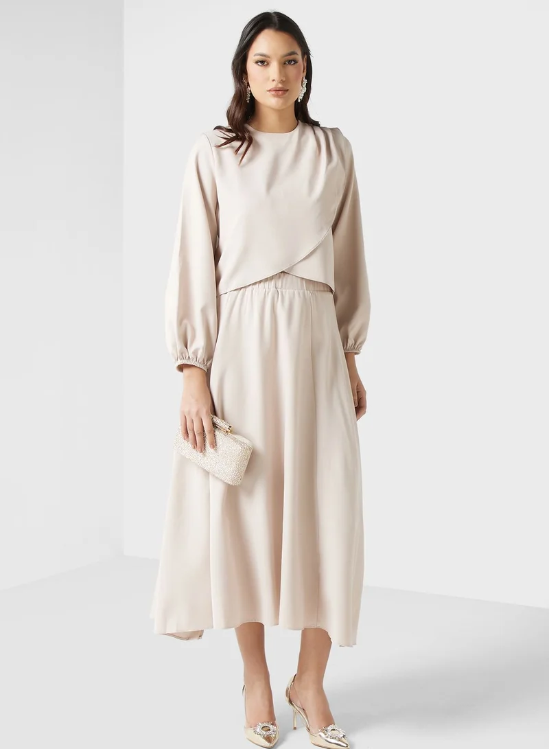 Balloon Sleeve Top and Skirt Set Beige