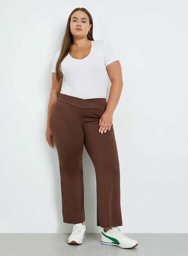 Plus Size Criss-Cross High Rise Flare Pants Brown