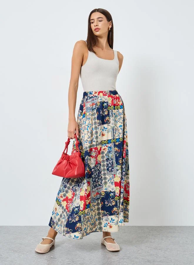 All-Over Printed Elastic Waist Skirt Deep Slate Blue