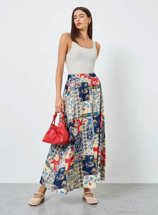 All-Over Printed Elastic Waist Skirt Deep Slate Blue