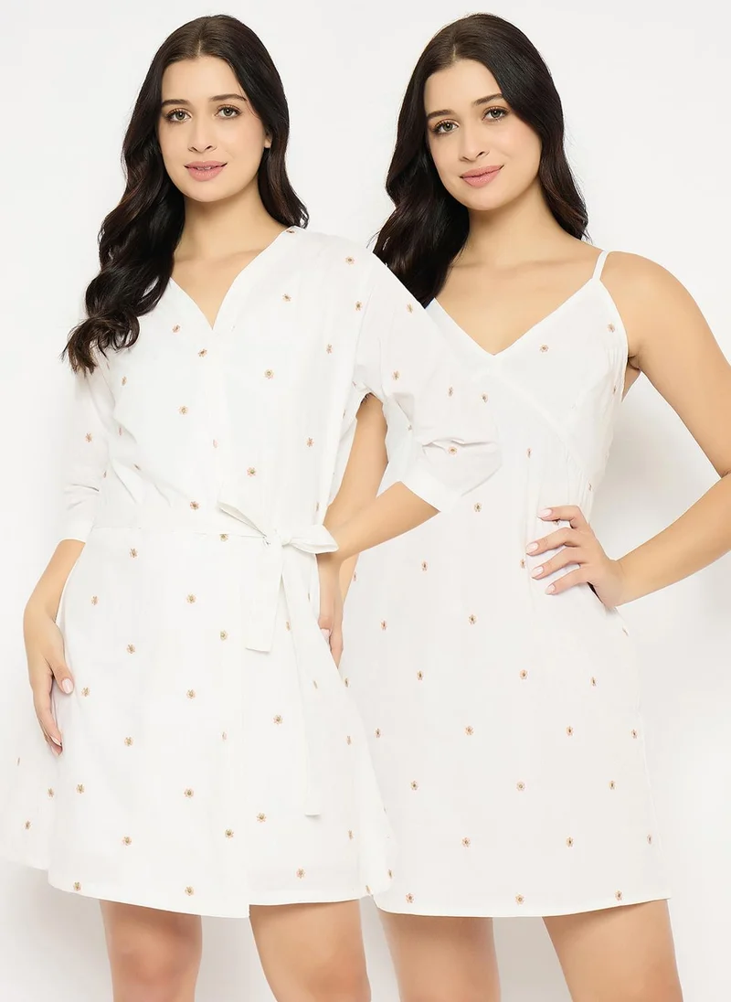 Clovia Cotton Floral Nightdress & Robe Set White