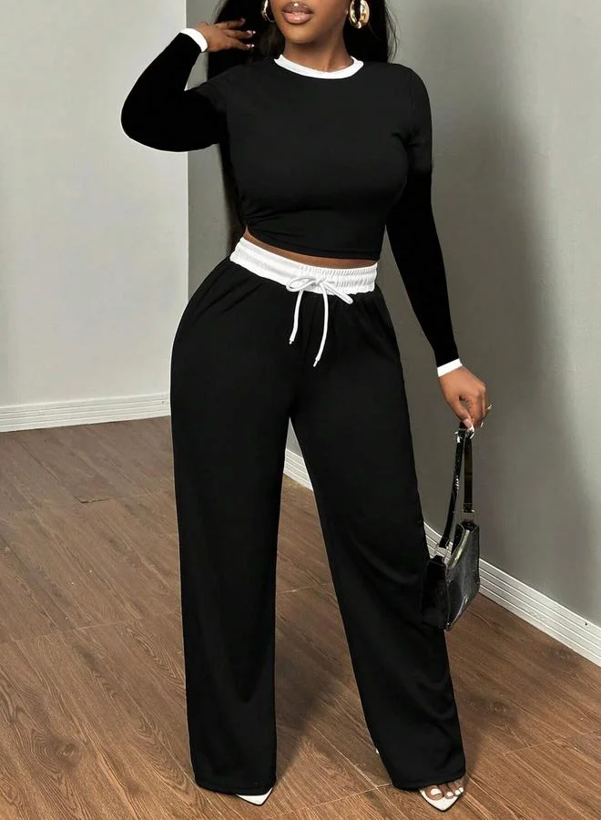 Women's Contrast Round Neck Top and Drawstring Pants Set Black