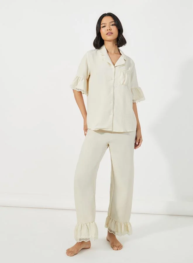 Textured Lace Ruffle Pajama Set Beige