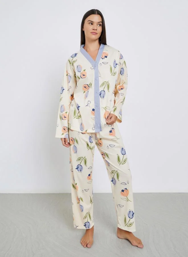 Floral Print Shirt and Pyjama Set Beige