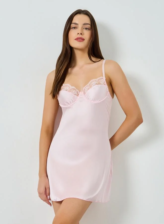 Lace Trim Satin Slip Dress with Brief Light Pink