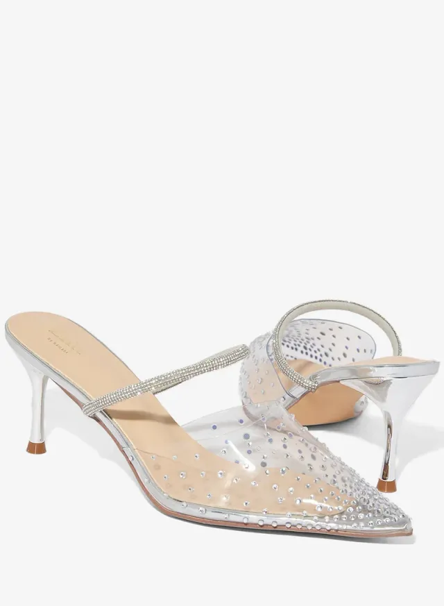 Diamante Pointy Mid Heel Pumps Clear – image 4