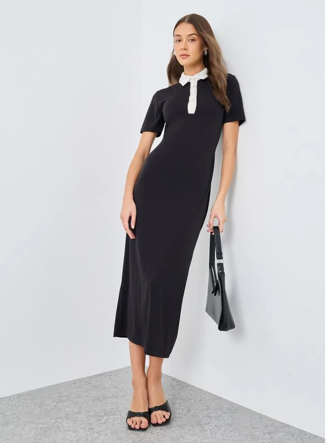 Styli Contrast Collar Bodycon Midi Dress Black