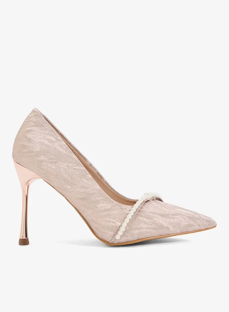 Glitter Heeled Pump Pale Beige