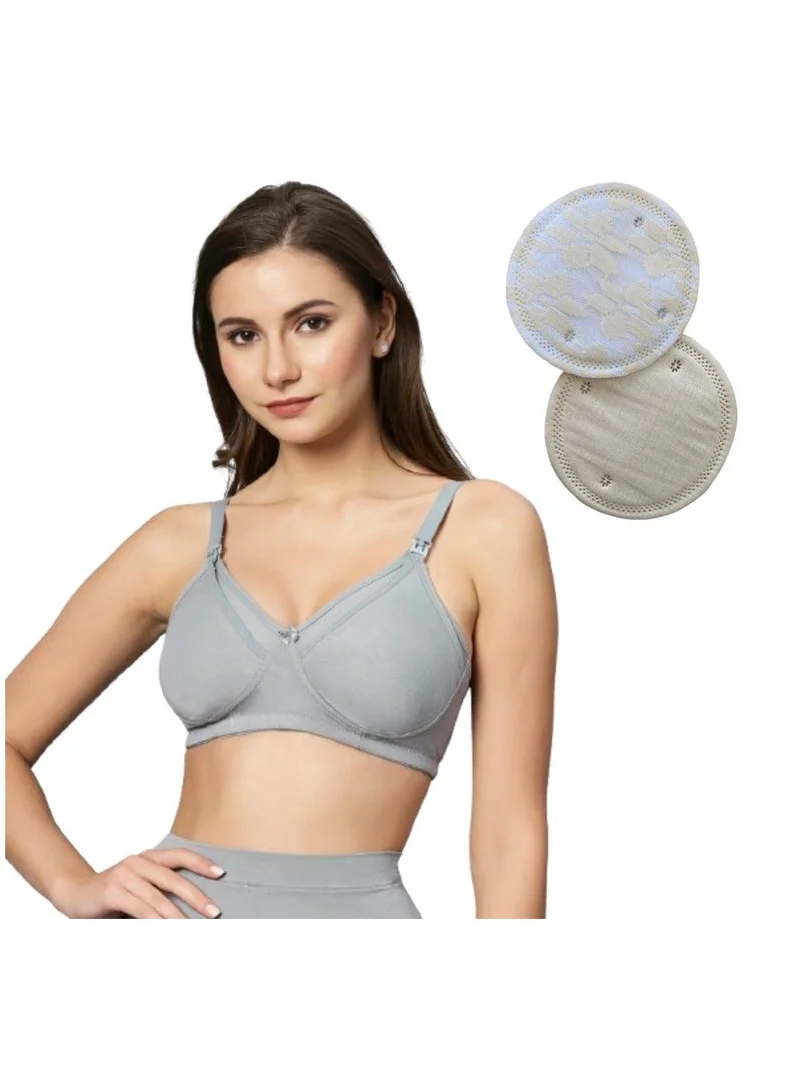 TUMMY Bamboo Cotton Non-Padded Wireless Bra with 2pc Breast Pads Grey