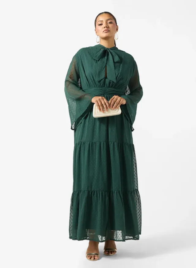 Plus Size Tiered A-Line Tie Neck Dress Dark Green – image 4