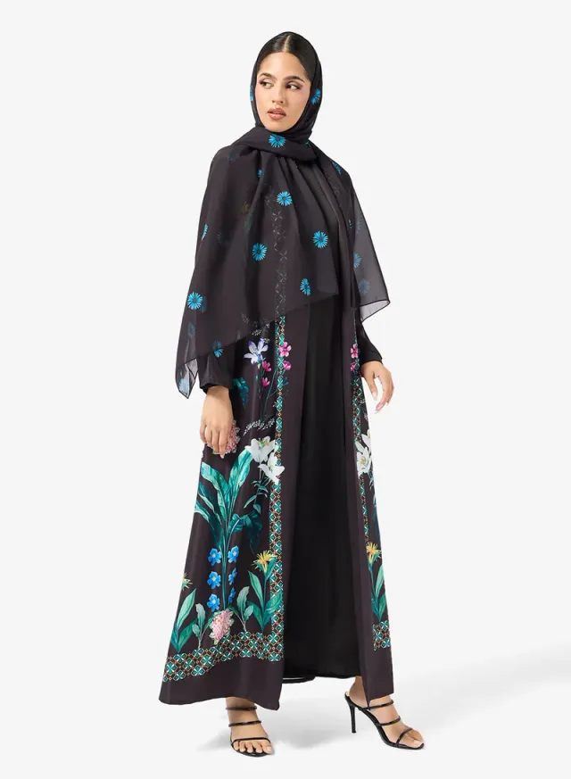 Charcoal Floral Print Long-Sleeve Abaya for Women – image 5