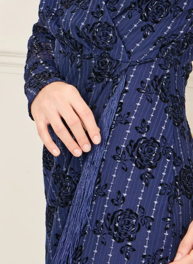 Navy Blue Floral Fringe Midi Wrap Dress - V Neck, Long Sleeves – image 3