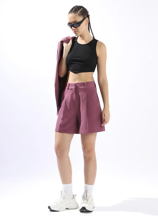 Women's Beige Polyester Blend Solid Cropped Casual Tailored Fit Shorts