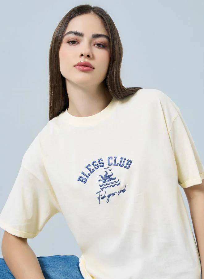 Styli Oversized Cotton T-Shirt Cream