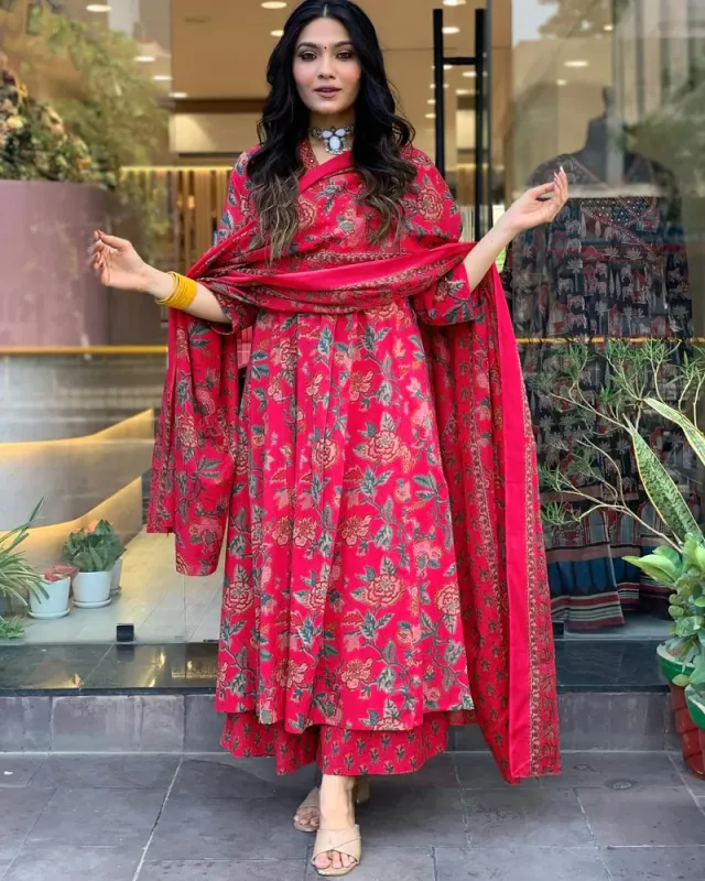 كورتا مطبوعة من رايون فيسكوز أناركالي GoSriKi مع قصر ودوباتا (CIA PINK-VKS01-GS_4XL_Pink_XXXX-Large) – صورة 2