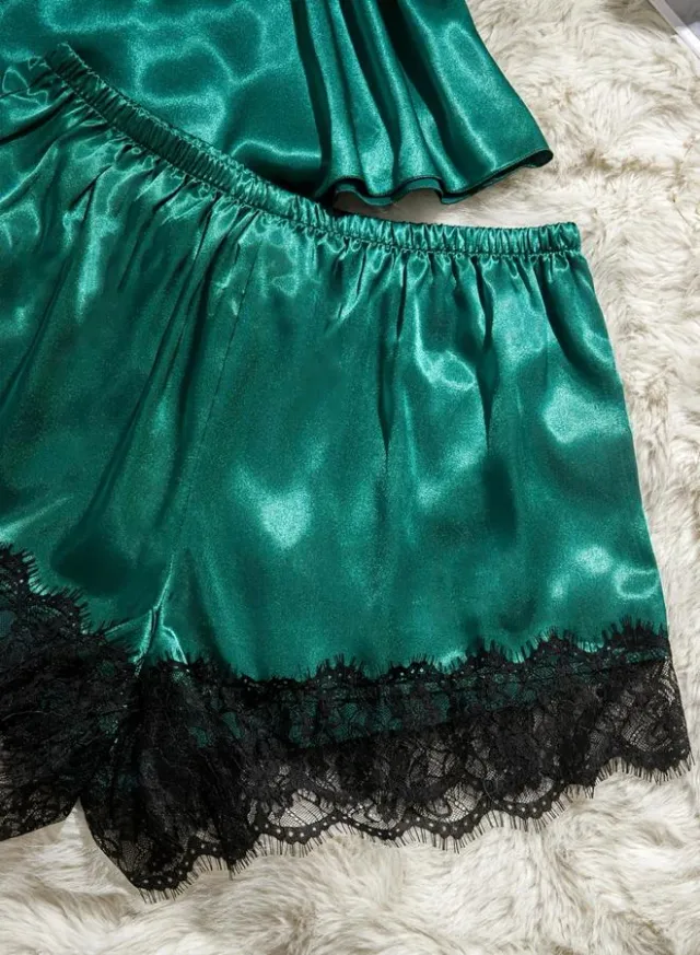 Dark Green Lace Cami Top and Shorts Set - Polyester, V Neck, Relaxed Fit – image 4