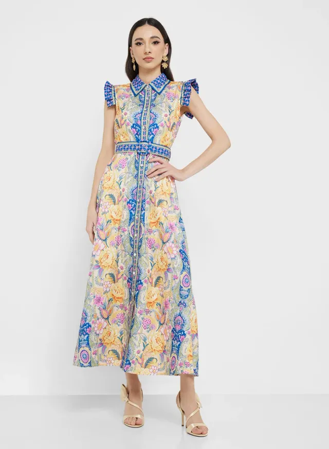 Floral Print Midi Shirt Dress with Ruffled Cap Sleeves – image 4