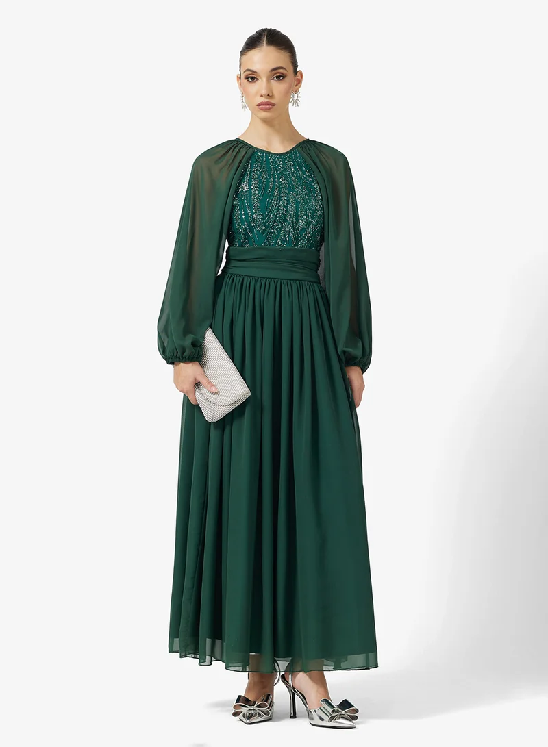 Embellished Bodice A-Line Dress Dark Green