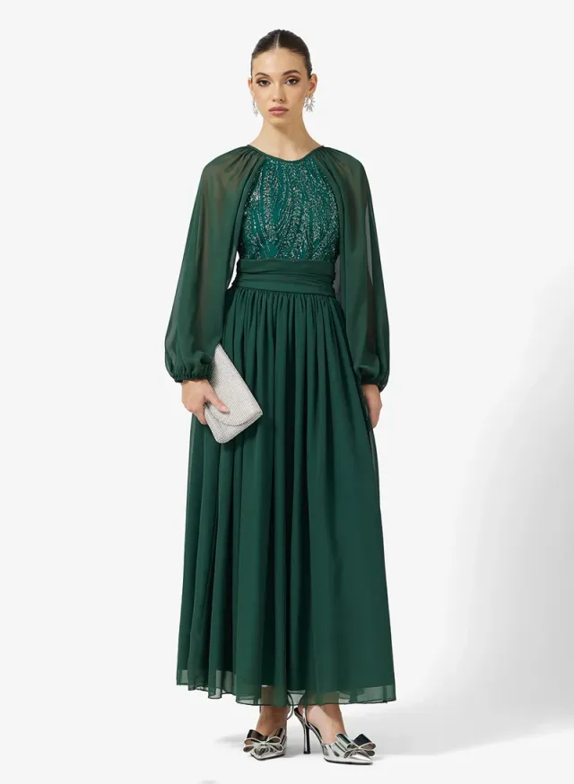Embellished Bodice A-Line Dress Dark Green