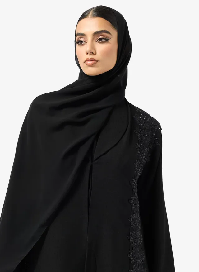 عباية بياقة واسعة بتصميم مفتوح مزينة بالزهور – صورة 4