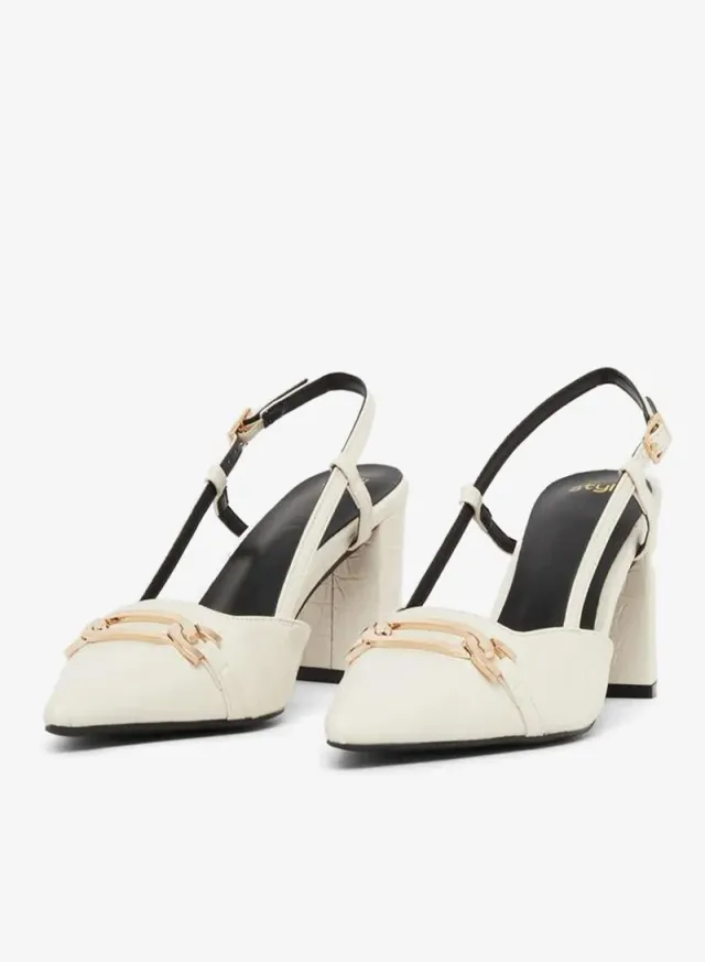 Styli Beige PU Croc Textured Pointed Toe Block Heel Slingback Shoes – image 2