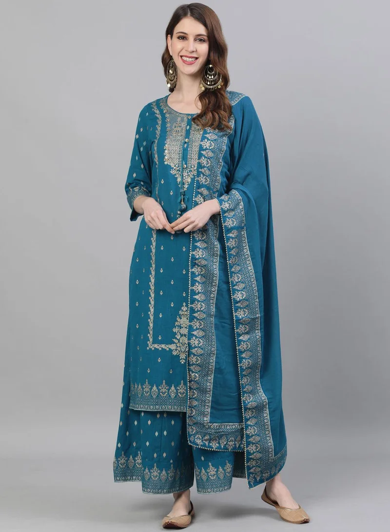 Women's Cotton Embroidered Straight Kurta Set Teal