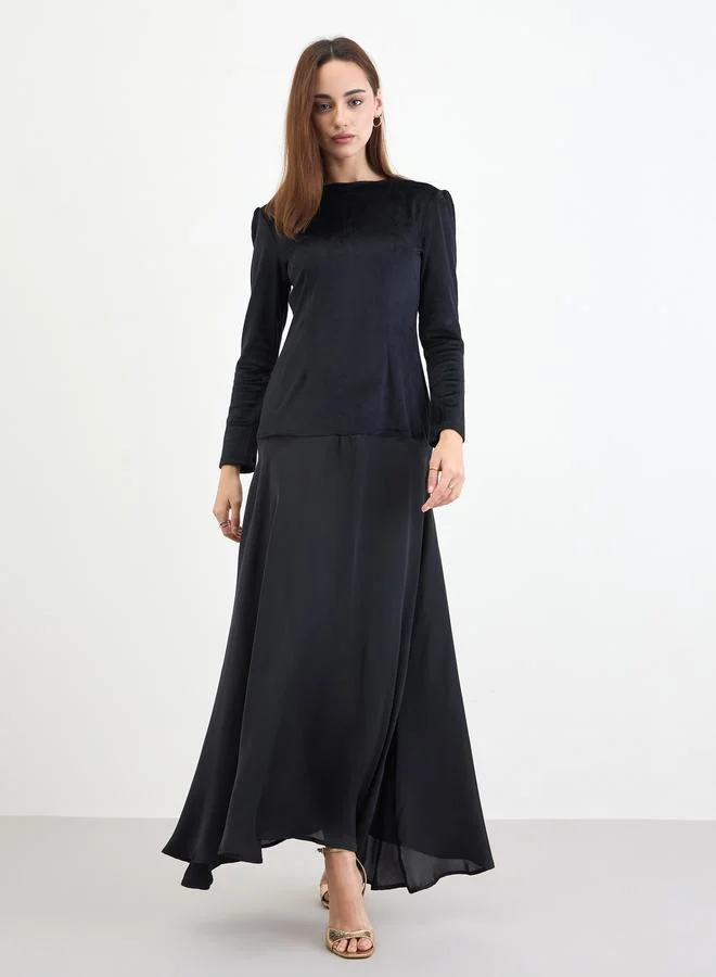 Velvet Look A-Line Maxi Dress Black