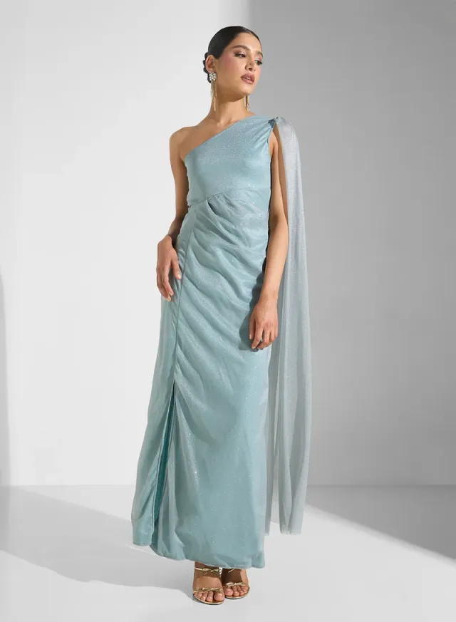 Light Blue One-Shoulder Maxi Dress with Exaggerated Sleeve Trail – image 4