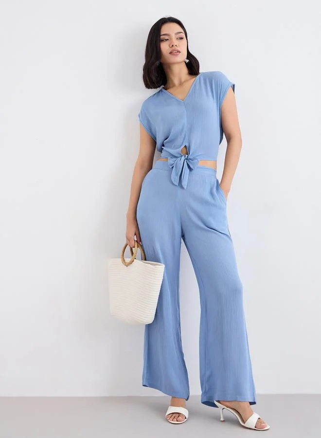 Styli Front Knot Crop Top and Pants Co-ords Blue