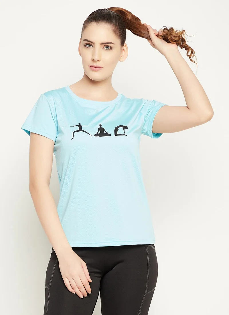 Clovia Comfort Fit Graphic Print Active T-shirt in Sky Blue