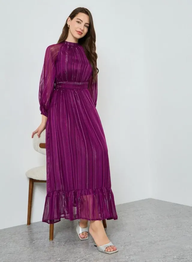 Textured Long Sleeve A-Line Maxi Dress Purple