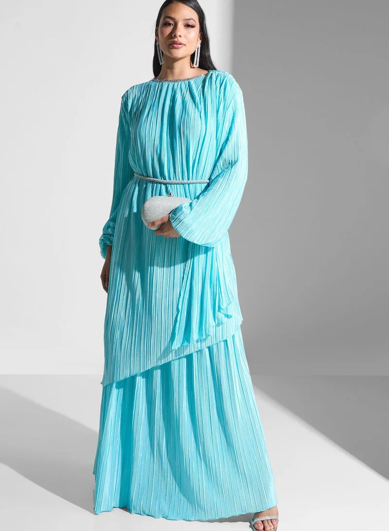 Pleated Tiered Dress Turquoise