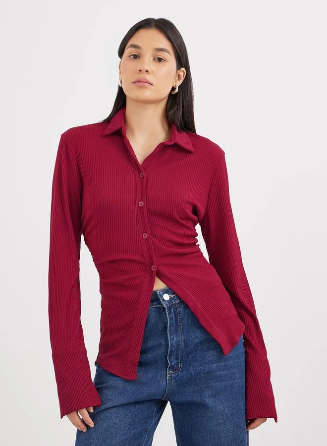 Women's Ribbed Fitted Longline Shirt Burgundy