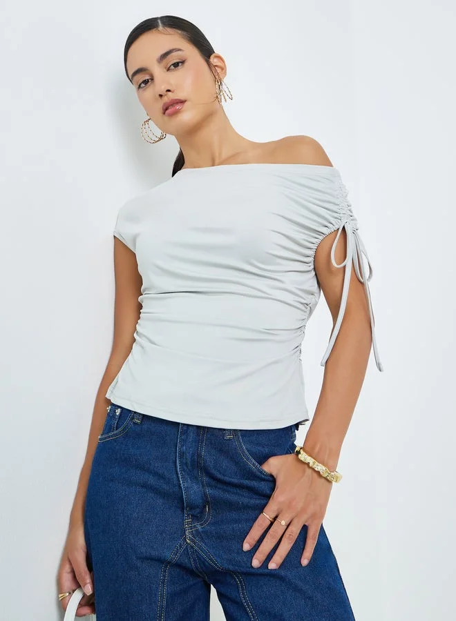 Asymmetrical Shoulder Drawstring Knit Top Grey