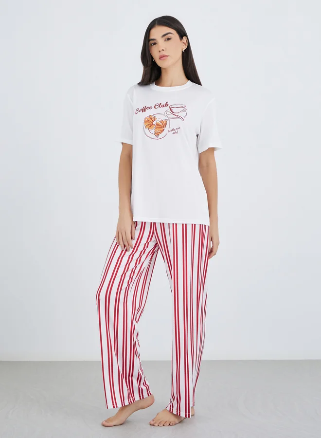 Graphic Print T-Shirt & Striped Pyjama Set White