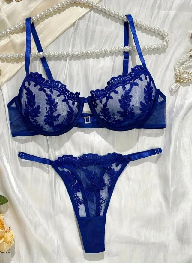 Floral Embroidered Mesh Bra and Thong Set Medium Blue