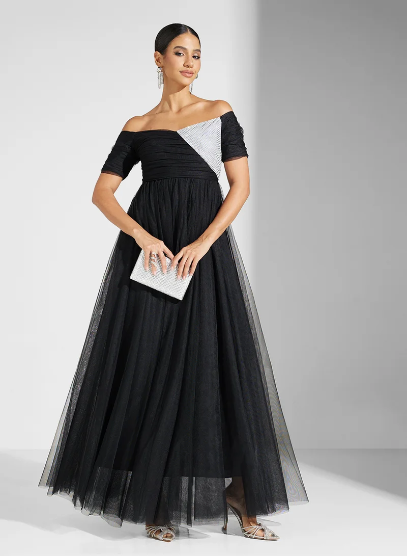 Off-Shoulder Tulle Dress Black