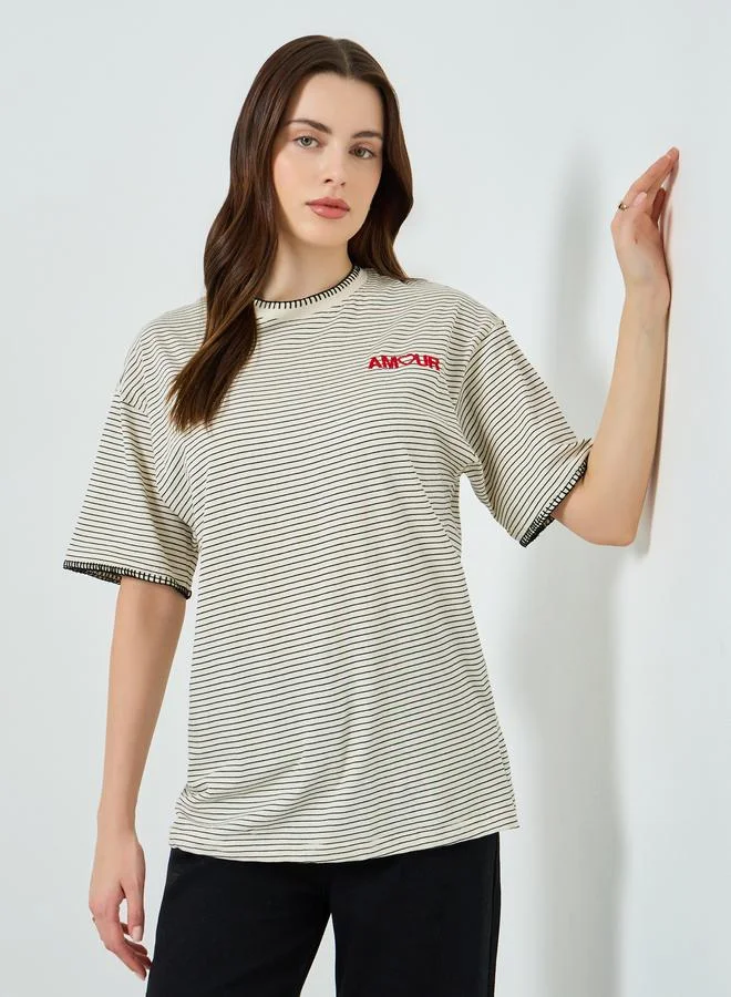 Women's Striped Embroidered T-Shirt Beige