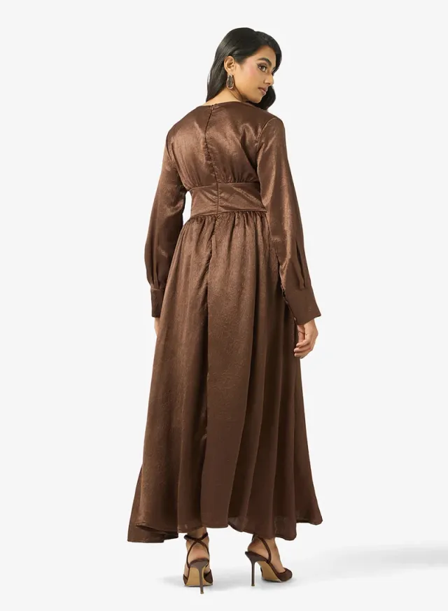 Chocolate Brown Maxi Wrap Dress with V Neck and Long Sleeves – image 2