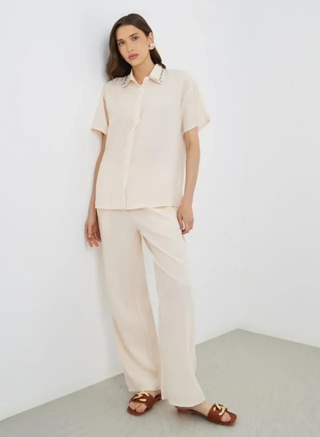 Beige Floral Embroidered Shirt and Pants Co-Ord Set – image 2