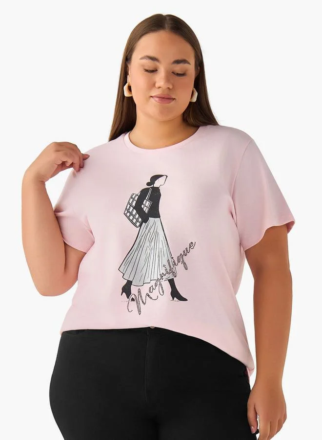 Ulla Popken Relaxed Fit Graphic Cotton T-shirt Pink