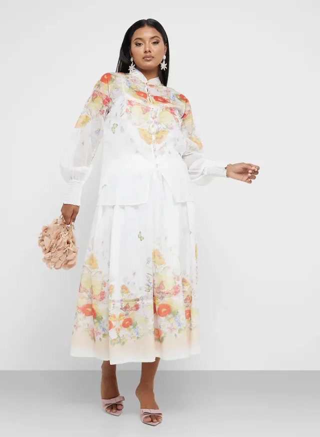 Plus Size Floral Print Top and Skirt Set - White – image 5