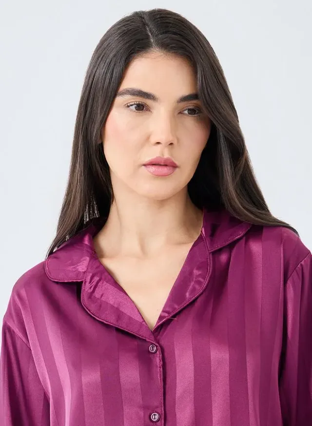 Styli Striped Satin Jacquard Pyjama Set Burgundy – image 4