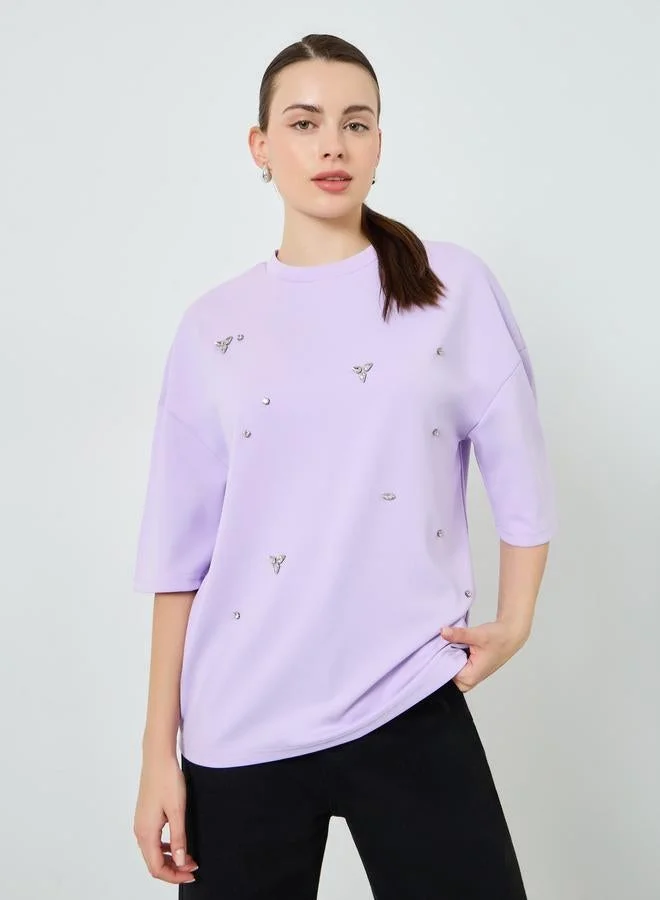 Women Embellished Oversized T-Shirt Lilac