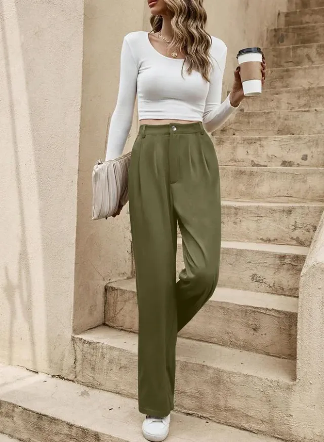 Dark Green High-Rise Straight Leg Trousers for Women – image 5